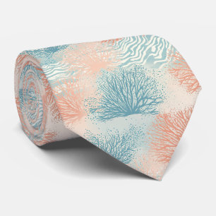 Beach House Coral Blue Beige Coastal Tie