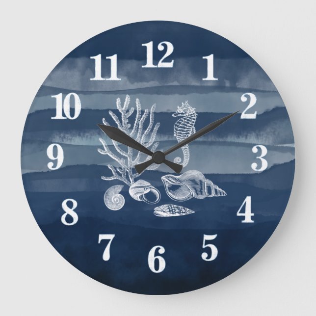 Beach House Coral Seahorse Navy Blue Large Clock (Front)