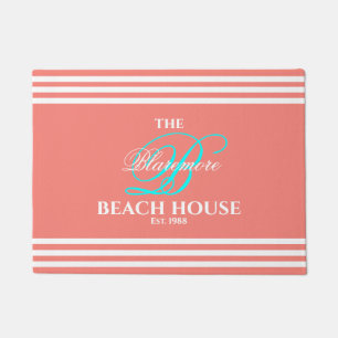 Beach House Coral White Stripes Aqua Colour Doormat