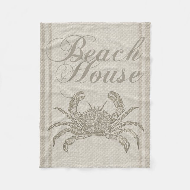 Beach House Crab Seashore Coastal Vintage Fleece Blanket (Front)