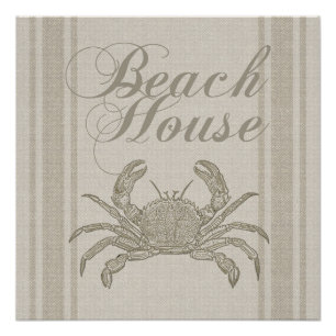 Beach House Crab Seashore Coastal Vintage Poster