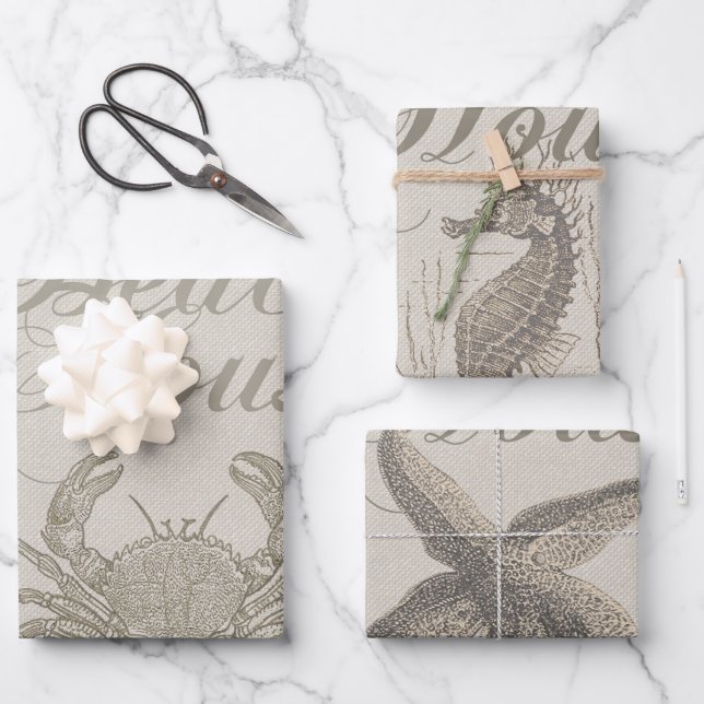 Beach House Crab Seashore Coastal Vintage Wrapping Paper Sheet (Front)