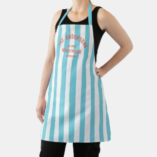 Beach House Custom Name Blue Cabana Stripe Apron