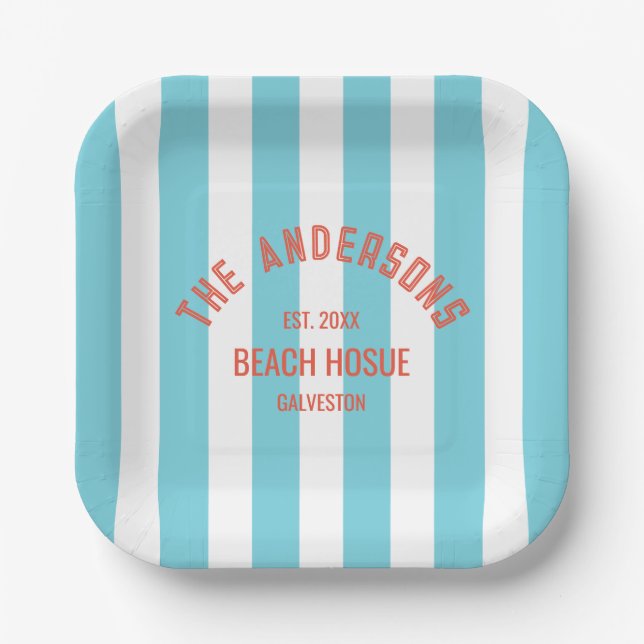 Beach House Custom Name Blue Cabana Stripe Paper Plate (Front)
