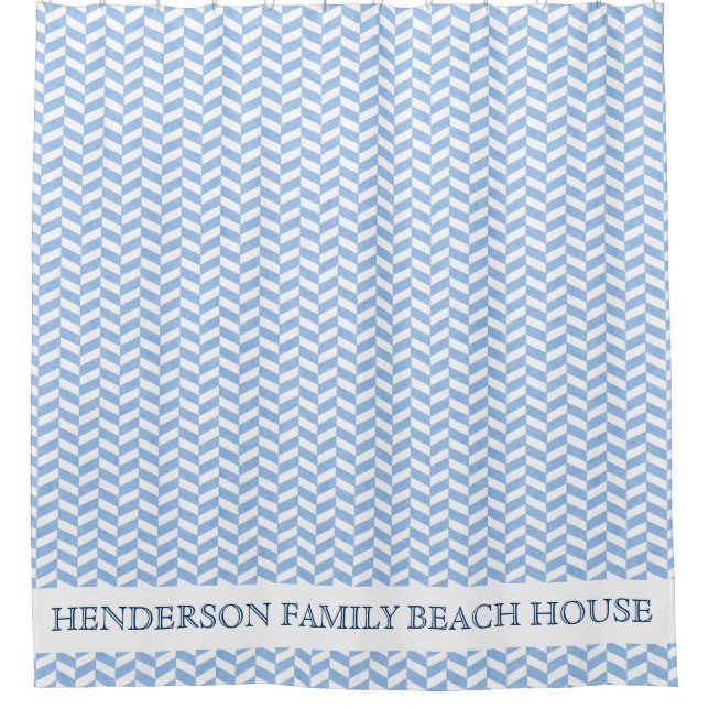 Beach House Custom Name Herringbone Blue White Shower Curtain (Front)