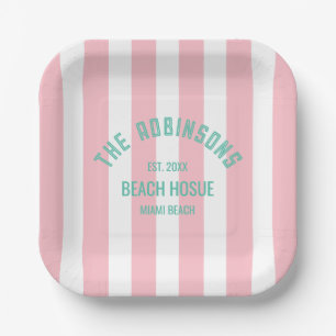 Beach House Custom Name Pink Cabana Stripe Paper Plate