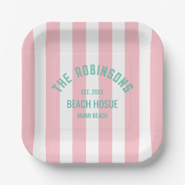 Beach House Custom Name Pink Cabana Stripe Paper Plate (Front)
