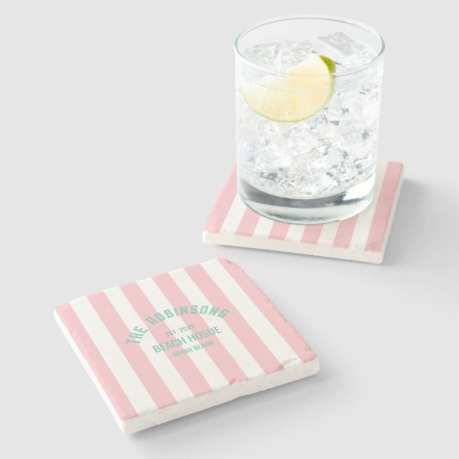 Beach House Custom Name Pink Cabana Stripe Stone Coaster (Side)