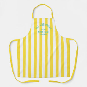 Beach House Custom Name Yellow Cabana Stripe Apron