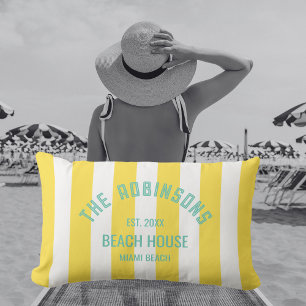 Beach House Custom Name Yellow Cabana Stripe Lumbar Cushion