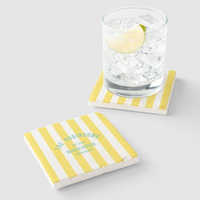 Beach House Custom Name Yellow Cabana Stripe Stone Coaster (Side)