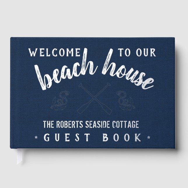 Beach House Customised Vacation Rental Navy Silver Guest Book (Front)