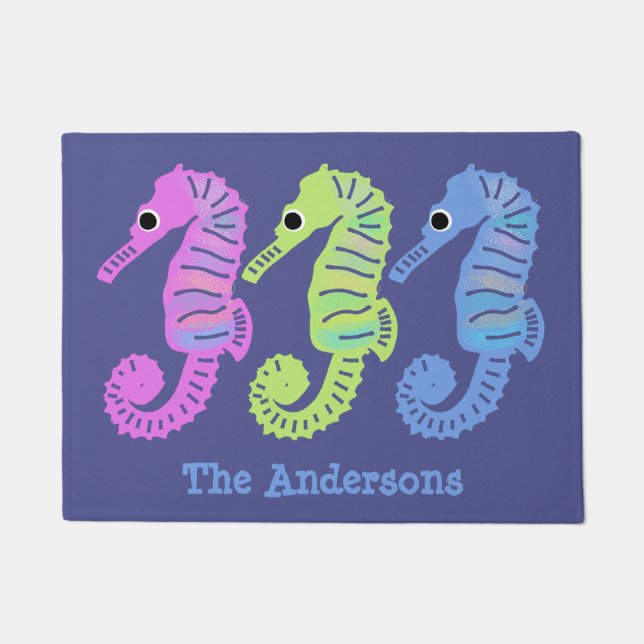 Beach House Cute Colourful Seahorses Personalised Doormat (Front)