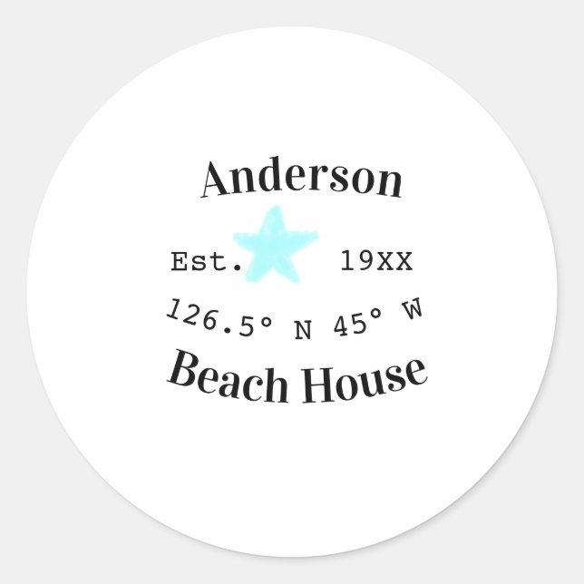 Beach house Date year custom coordinates add est. Classic Round Sticker (Front)