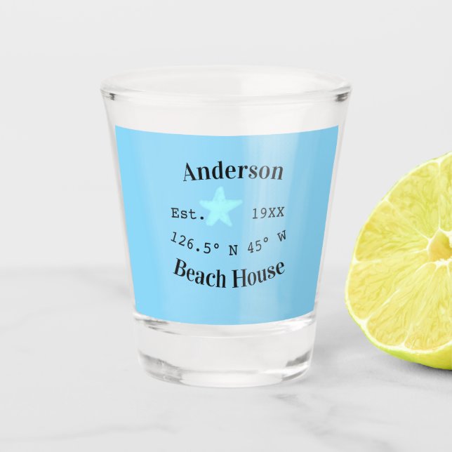 Beach house Date year custom coordinates add est. Shot Glass (Front)