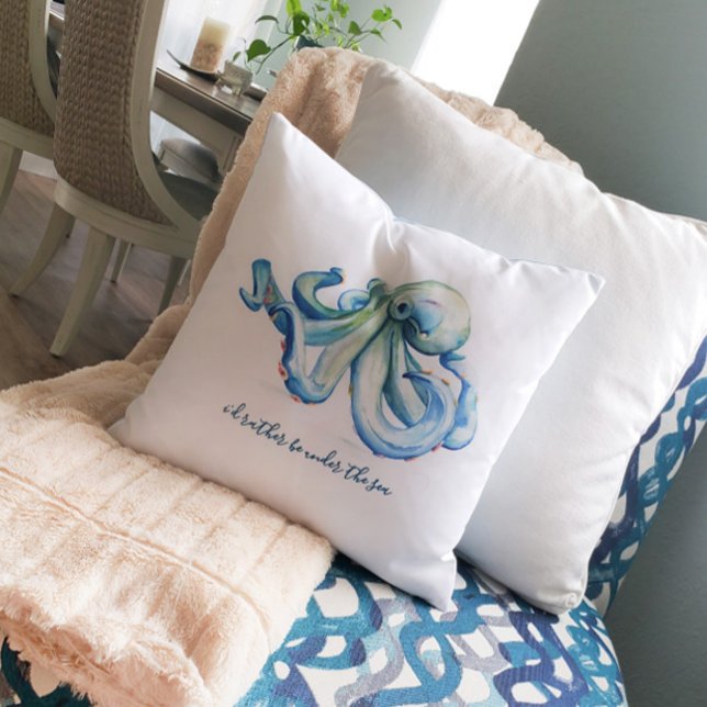 Beach House Decor Ocean Throw Cushion (Beach house decor watercolor blue octopus art by Victoria Grigaliunas of Do Tell A Belle)