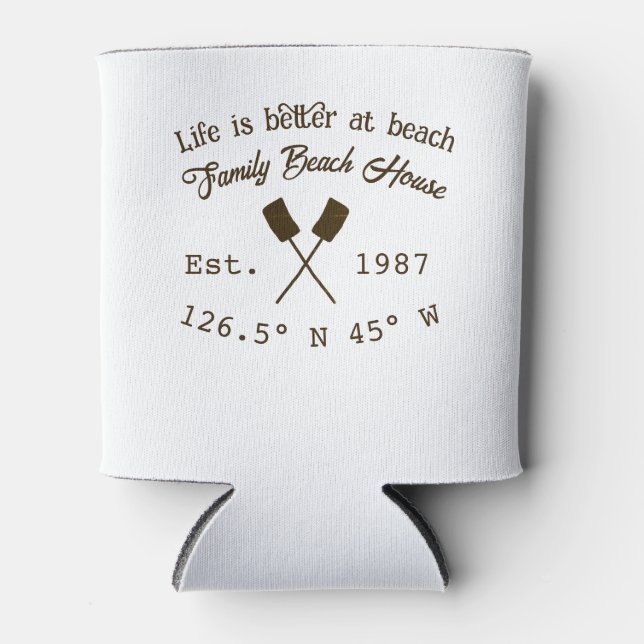 Beach house ets. Date year custom coordinates add  Can Cooler (Front)
