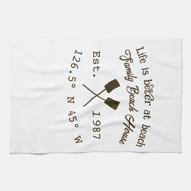 Beach house ets. Date year custom coordinates add  Tea Towel (Horizontal)