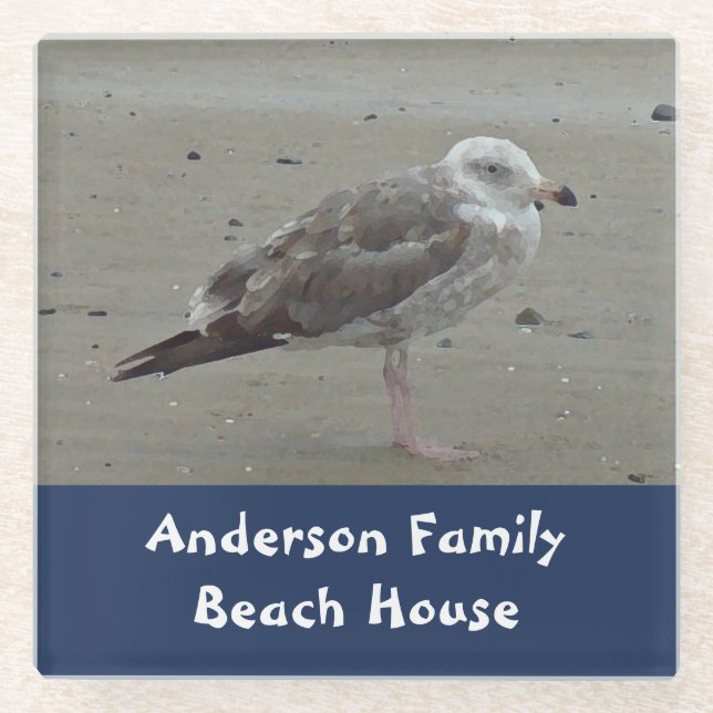 Beach House Family Name Artistic Sea Bird Seagull Glass Coaster (Front)