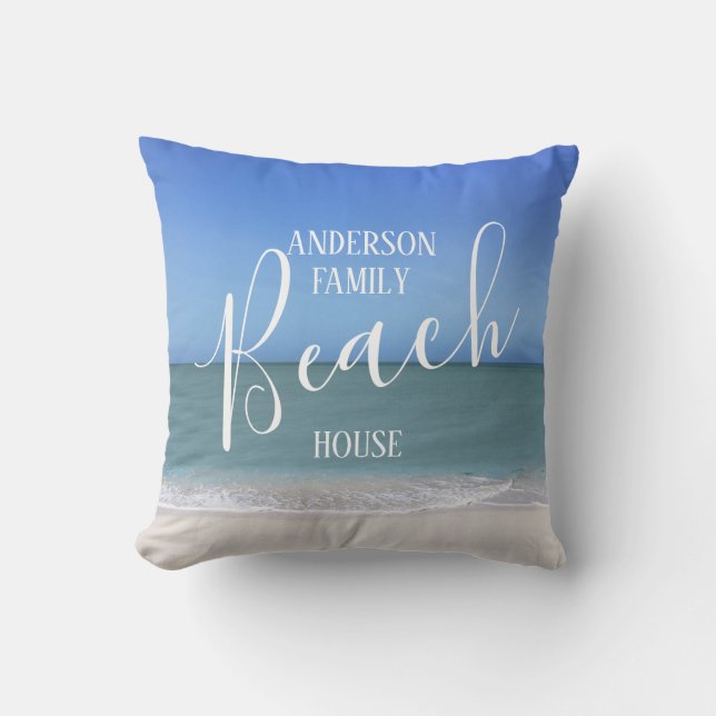 Beach House Family Name | Beautiful Beach Photo Cushion (Front)