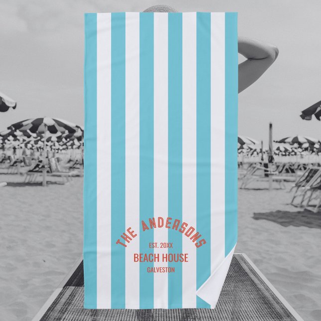 Beach House Family Name Blue Cabana Stripe Beach Towel (Creator Uploaded)