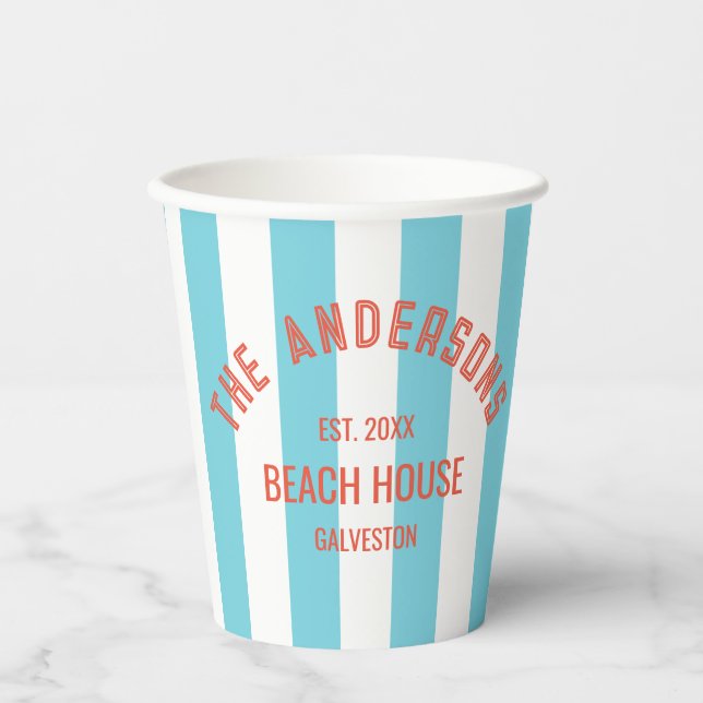 Beach House Family Name Blue Cabana Stripe Napki Paper Cups (Front)