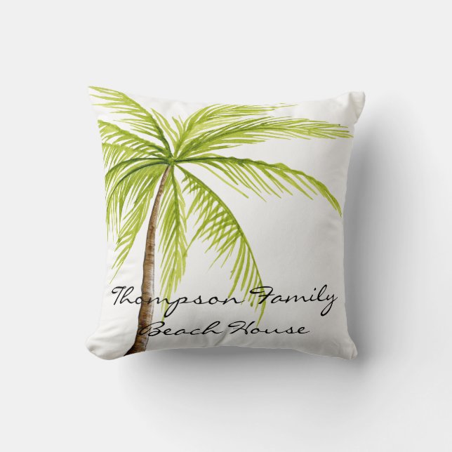 Beach House Family Name Palm Tree White Green Cushion (Front)