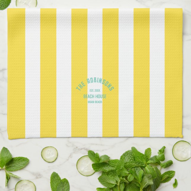 Beach House Family Name Yellow Cabana Stripe Tea Towel (Folded)