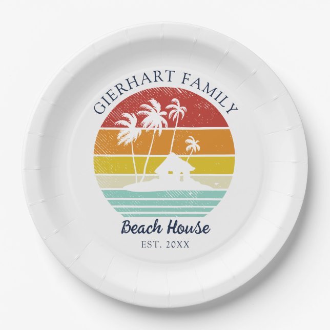 Beach House Family Reunion Seaside Palm Trees Paper Plate (Front)