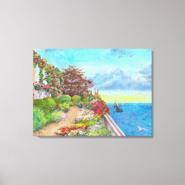 Beach House Garden with Sailboat Canvas Print (Front)