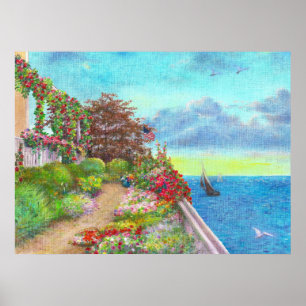 Beach House Garden with Sailboat Poster