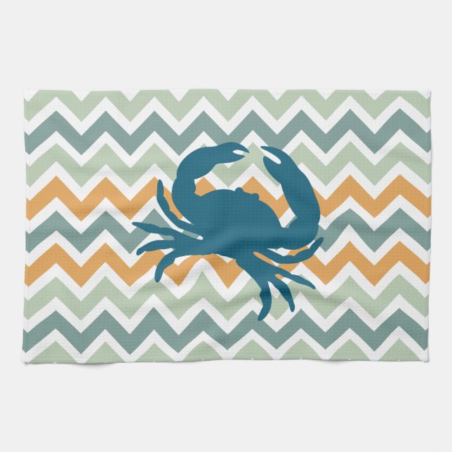 Beach House Kitchen Home Decor Crab Chevron Tea Towel (Horizontal)