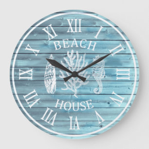 Beach House Light Blue  Wood Coral Seahorse Large  Clock