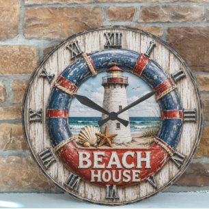 Beach House Lighthouse Rustic Nautical Coastal Large Clock