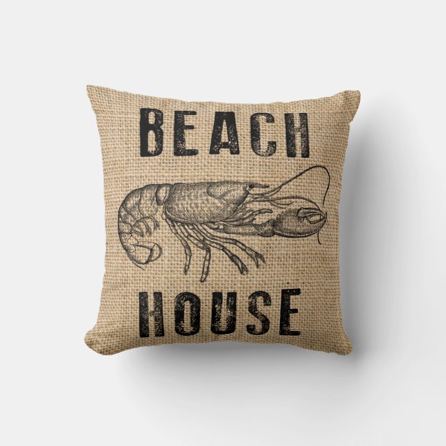 Beach House Lobster Rustic Summer Burlap Pillow (Front)