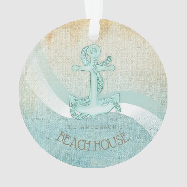 Beach House Nautical Anchor and Rope Aqua ID623 Ornament (Back)