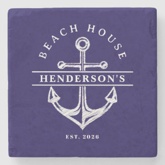 Beach House Nautical Anchor Blue navy Vacation Stone Coaster