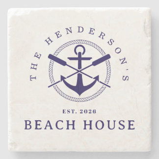 Beach House  Nautical Anchor Blue navy Vacation Stone Coaster