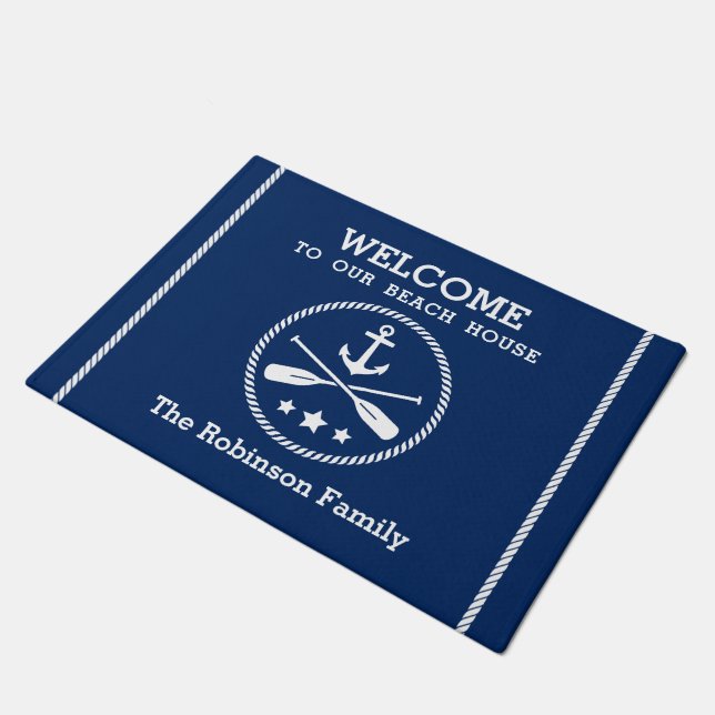 Beach House Nautical Anchor Oars Navy Blue Doormat (Angled)