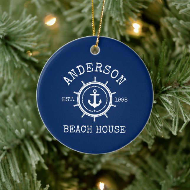 Beach House Nautical Anchor Rope Helm Blue Ceramic Tree Decoration (Tree)