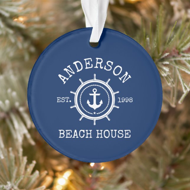 Beach House Nautical Anchor Rope Helm Blue Ornament (Tree)