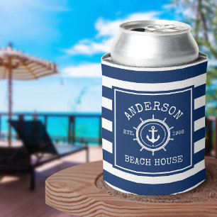 Beach House Nautical Anchor Rope Helm Blue Striped Can Cooler