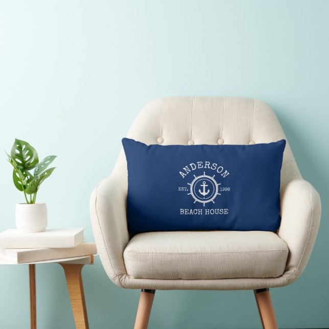 Beach House Nautical Anchor Rope Helm Navy Blue Lumbar Cushion (Chair)