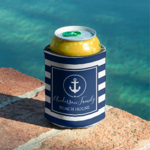 Beach House Nautical Anchor Rope Star Blue Striped Can Cooler