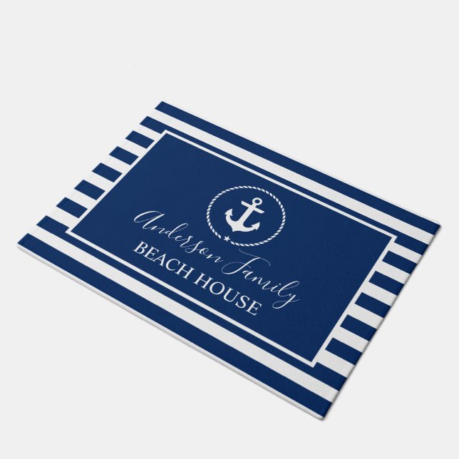 Beach House Nautical Anchor Rope Star Blue Striped Doormat (Angled)