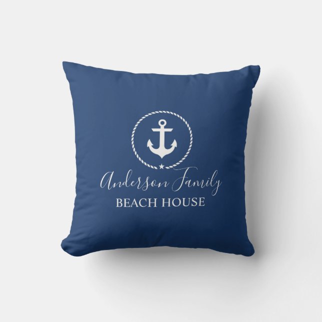 Beach House Nautical Anchor Rope Star Navy Blue Cushion (Front)