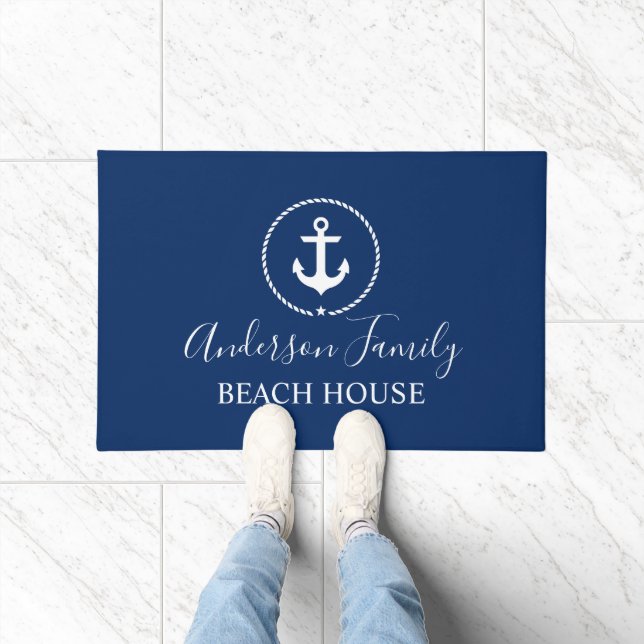 Beach House Nautical Anchor Rope Star Navy Blue Doormat (Indoor)