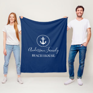 Beach House Nautical Anchor Rope Star Navy Blue Fleece Blanket
