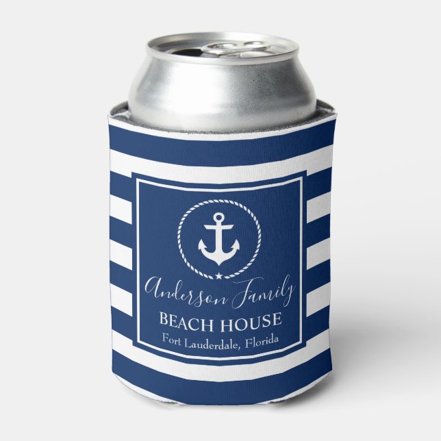 Beach House Nautical Anchor Rope Star Striped Blue Can Cooler (Can Front)