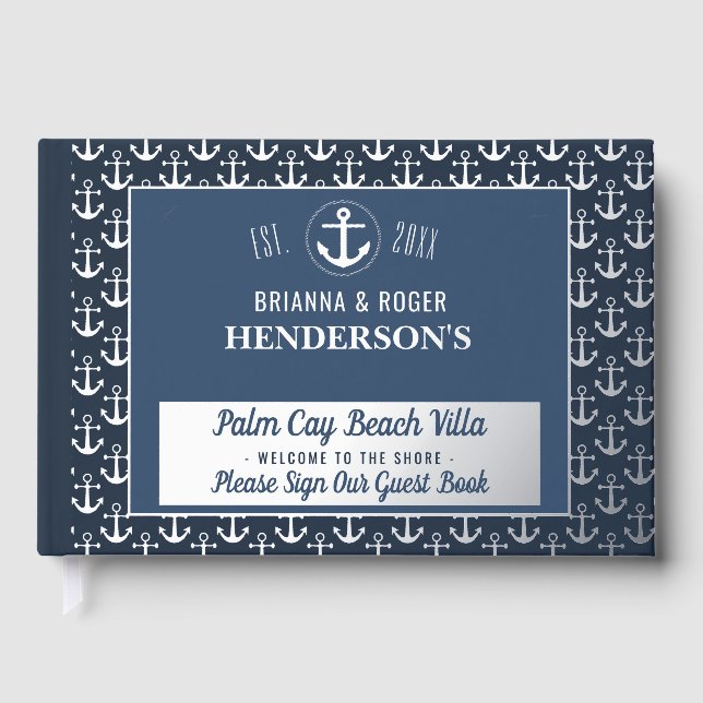 Beach House Nautical Anchor Vacation Rental Silver Guest Book (Front)
